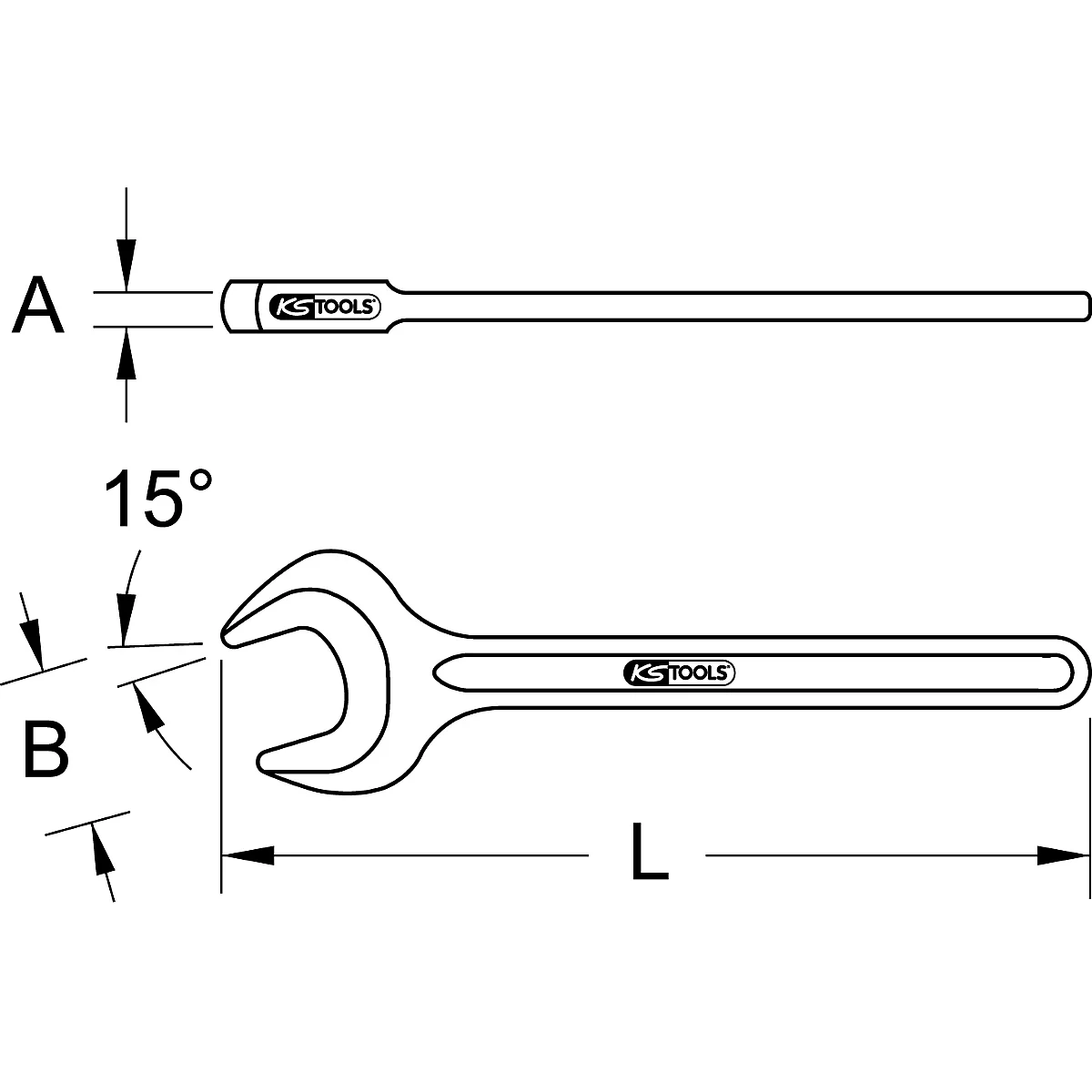 Abbildung eines Schraubenschlüssels von KS TOOLS mit Maßangaben.